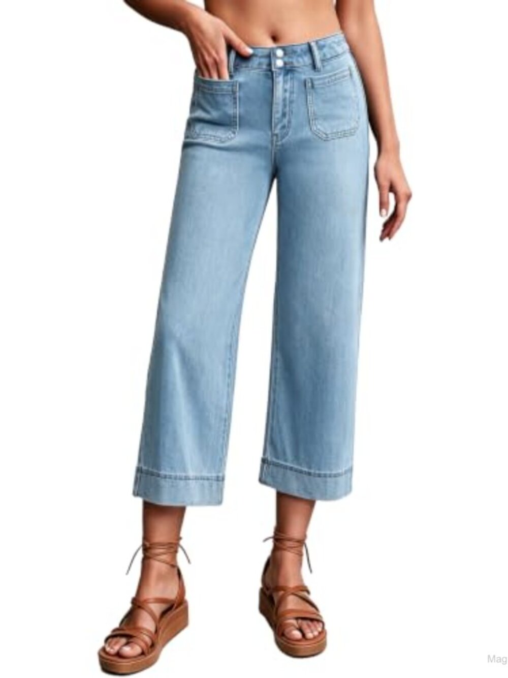 Stretchy High Rise Wide Leg Cropped Denim Capri Jeans for Women with Pockets
